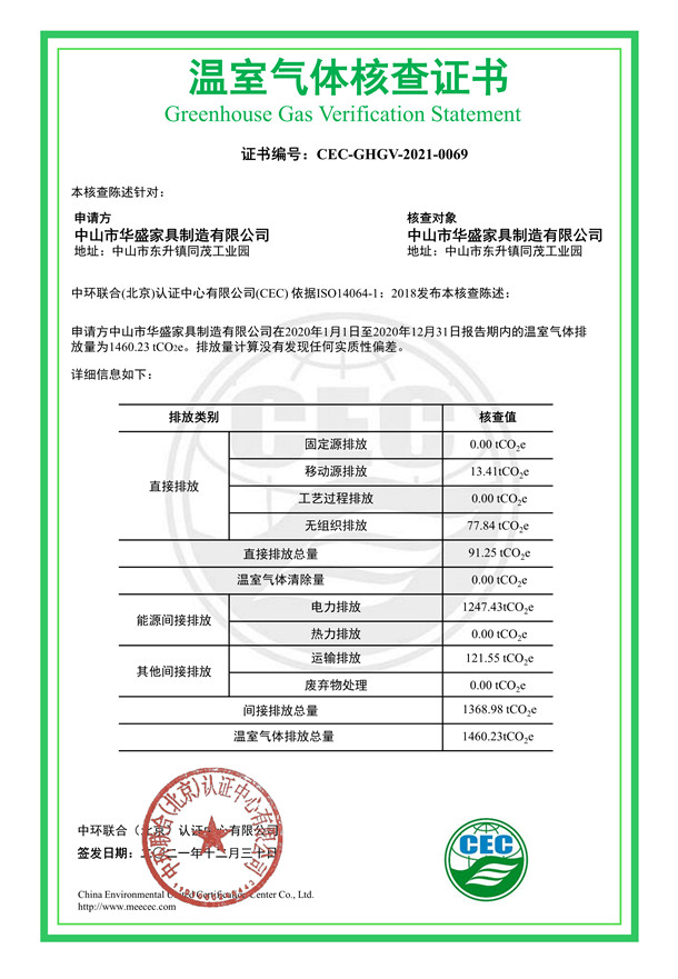 中山市華盛家具制造有限公司-CEC-GHGV-2021-0069-溫室氣體核查證書