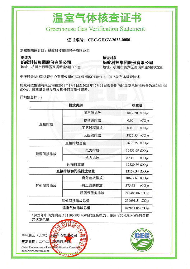 螞蟻科技集團股份有限公司-CEC-GHGV-2022-0080-溫室氣體核查證書